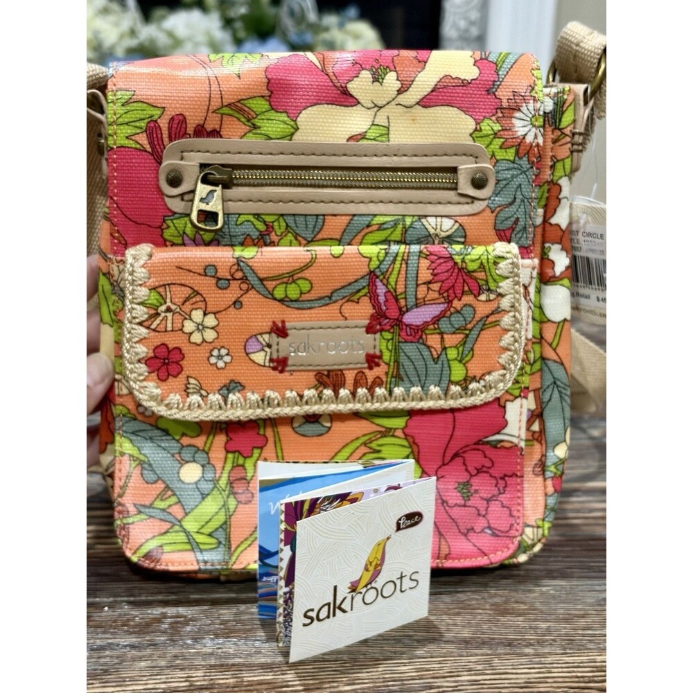 SAKROOTS Artist Circle Apricot Floral Small Flap Messenger Crossbody Bag - NWT
